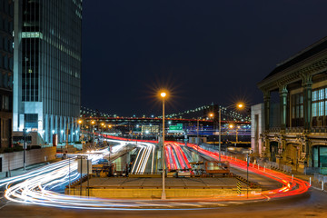 Rush-hour traffic on the FDR drive u-turn, above the entrance in Battery Park underpass
