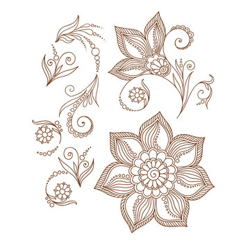 Henna tattoo doodle  elements on white background.