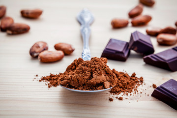 Brown chocolate powder in spoon , Roasted cocoa beans and dark c