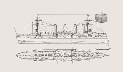 Built in 1903 old armored cruiser on an aged paper background. A great wall poster for a steam-punk-styled home office or an office of an engineering firm - obrazy, fototapety, plakaty