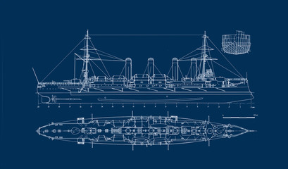 Built in 1903 old armored cruiser blueprint. A great wall poster for a steam-punk-styled home office or an office of an engineering firm