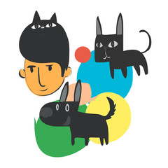 Man with dog and cat cartoon character