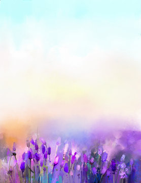 Oil painting violet lavender flowers in the meadows. Abstract oil painting sunshine at flower field in soft purple color and blur style