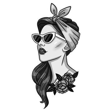 Vector black and white illustration of a girl in pin-up style. Tattoo girl's face. Portrait of a girl.