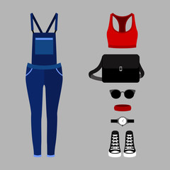 Set of trendy women's clothes with woman denim overall, top and accessories. Vector illustration