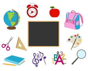 School cartoon objects on white. Vector collection