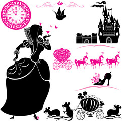 Fairytale Set - silhouettes of Cinderella, Pumpkin carriage with