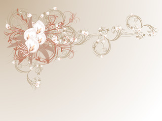 Curly pattern of flowers and petals on a brown background