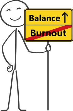 Strichm&auml;nnchen h&auml;lt Schild Richtung Balance