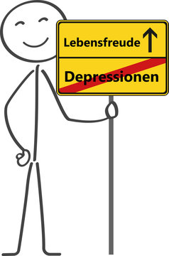 Strichm&auml;nnchen h&auml;lt Schild mit Richtung Lebensfreude