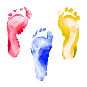 Kid foot prints colorful set isolated on white background. Many fingerprint or stamp texture artwork of kids for education and journey. Bottom view. Close up.