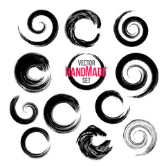 Grunge circle brush strokes set. Hand made artistic collection, for logo, business design.  Vector