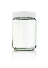 Clear glass bottle with white cap isolated on white background