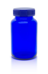 Blank blue glass bottle of supplement product isolated on white