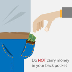 Back pocket and thief's hand. Concept secure life vector poster.