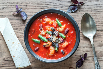Bowl of minestrone soup: top view