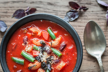 Bowl of minestrone soup: top view