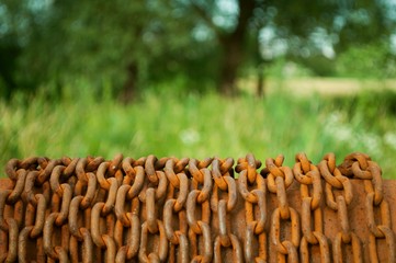 Rolled rusty chain with blurred green natural background. Space in top part of image