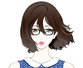 メガネをかけた女性の表情 / 驚く / 夏服 / なびく髪