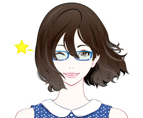 サングラスをかけた女性の表情 / ウインク / 夏服 / なびく髪