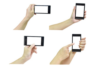 Obraz na płótnie Canvas Female hand holding modern smart phone with white screen on white background with clipping path.