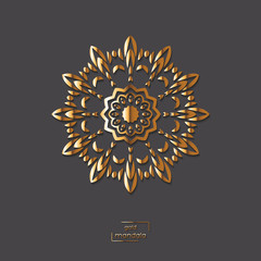 Ornamental gold flower oriental mandala on grey color background. Ethnic vintage pattern. Indian, asian, arabic, islamic, ottoman motif. Vector illustration.