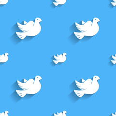 Stylized pigeon of peace with long shadow in sky, seamless pattern