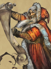 Portrait of a fantasy Santa Claus checking a long wish list