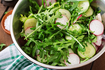 Ingredients for Salad arugula, radish, cucumber and spices