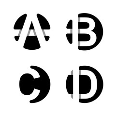 Capital letters A, B, C, D. From  white stripe in a black circle.   Overlapping with shadows. Logo, monogram, emblem trendy design.