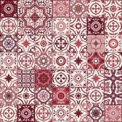 Mega Gorgeous seamless patchwork pattern from dark red and white Moroccan, Portuguese  tiles, Azulejo, Arabic ornament. Islamic art. 