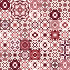 Papier Peint photo Bordeaux Mega Superbe motif de patchwork harmonieux de carreaux marocains, portugais rouges et blancs foncés, Azulejo, ornement arabe. Art islamique.
