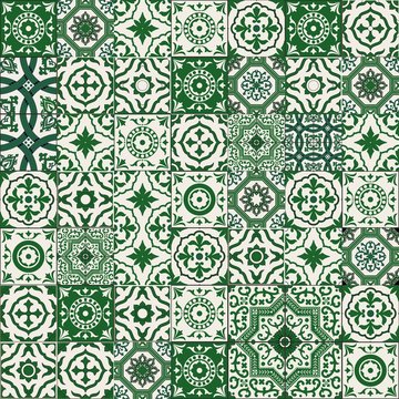  Mega Gorgeous seamless patchwork pattern from dark green and white Moroccan, Portuguese  tiles, Azulejo, Arabic ornament. Islamic art. 
