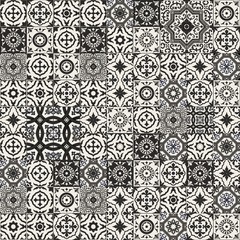 Image of Mega Gorgeous seamless patchwork pattern from black and white Moroccan, Portuguese tiles, Azulejo, Arabic ornament. Islamic art. printed on Printed Glass Splashbacks