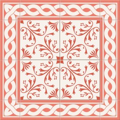 Gorgeous seamless  pattern from Peach stylish color. Floral Turkish, Moroccan, Portuguese  Azulejo tiles and border, ornaments.  Islamic Art.
