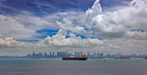 Cargo ships waiting in Singapore Harbour