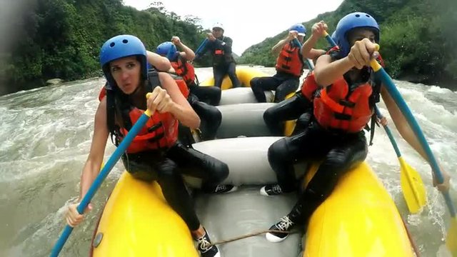 Experience the thrill of river rafting with a joyful group of seven girls,captured through an onboard camera's audio,for an unforgettable adventure.