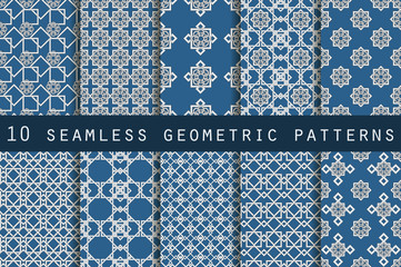 Set of 10 geometric seamless pattern. The pattern for wallpaper, tiles, fabrics and designs. Vector.