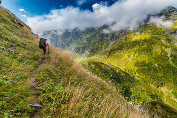 Fototapeta na wymiar Hiking in picturesque Caucasus mountains in Georgia