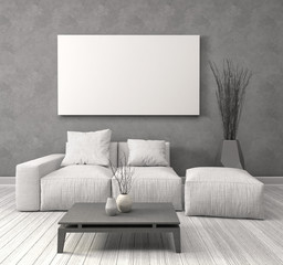 Mock up blank poster on the wall of interior with sofa. 3D Illus