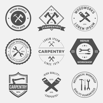 set of working tools, carpentry, workshop labels, logos, badges and design elements