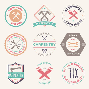 set of working tools, carpentry, workshop labels, logos, badges and design elements