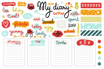 Vector set of hand drawn sketch elements and words for girl's diary. - 106401715