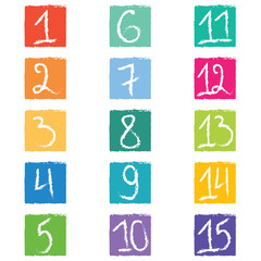 Set of fifteen colorful number tags in squares with jagged edges - 106402734