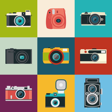 retro cameras icon set. flat style vector illustration