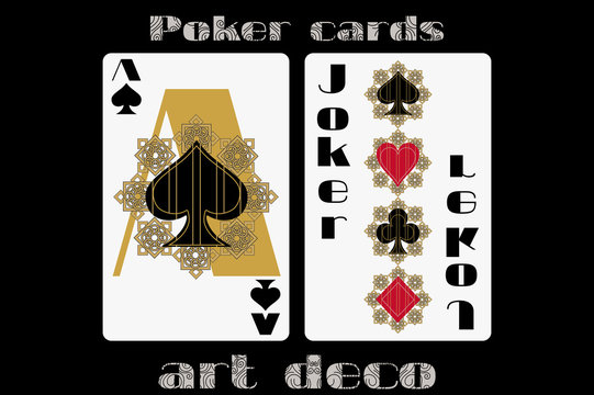 Poker playing card. Ace spade. Joker. Poker cards in the art deco style. Standard size card.
