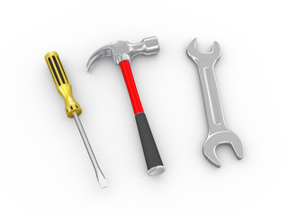 3d hammer, wrench and screwdriver