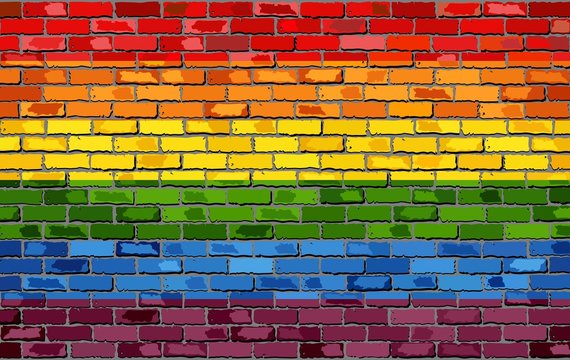 Gay pride flag on a brick wall - Illustration,  
Rainbow flag on brick textured background, 
Flag of gay pride movement painted on brick wall,
Gay and transgender comminity in brick style