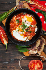 fried eggs with bacon in a pan close-up 