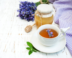 Cup of tea and lavender flowers